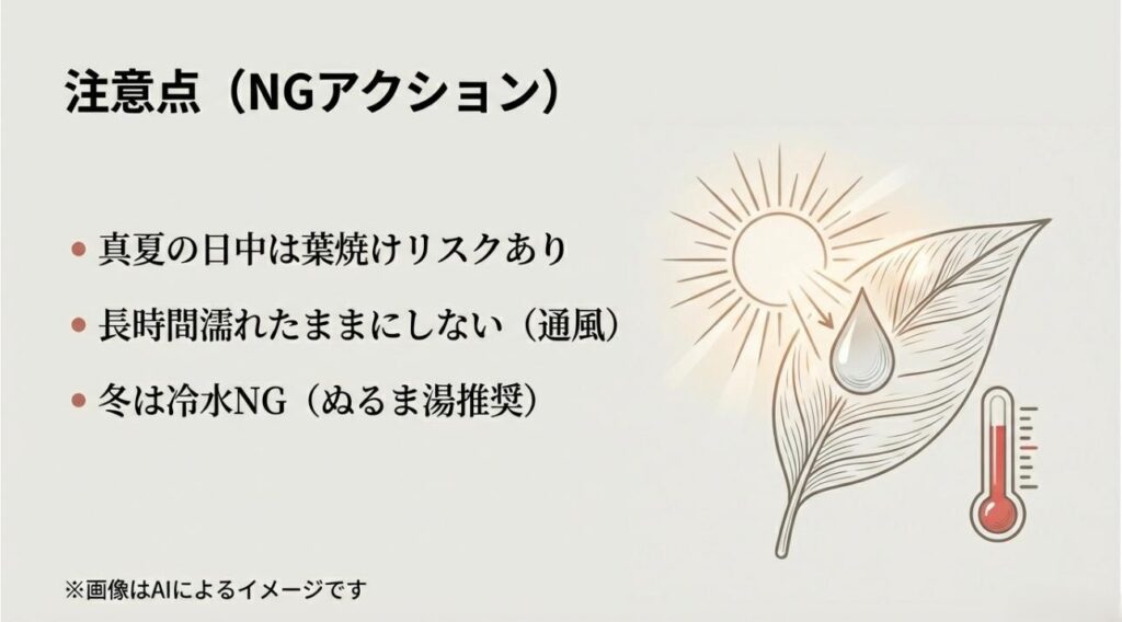 真夏の日中、風通しの悪さ、冬の冷水など、植物を傷める霧吹きの注意点をまとめたスライド
