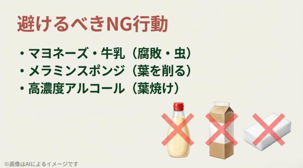 マヨネーズ、牛乳、メラミンスポンジに×印がついた、植物に悪影響を与えるNG行動のまとめスライド