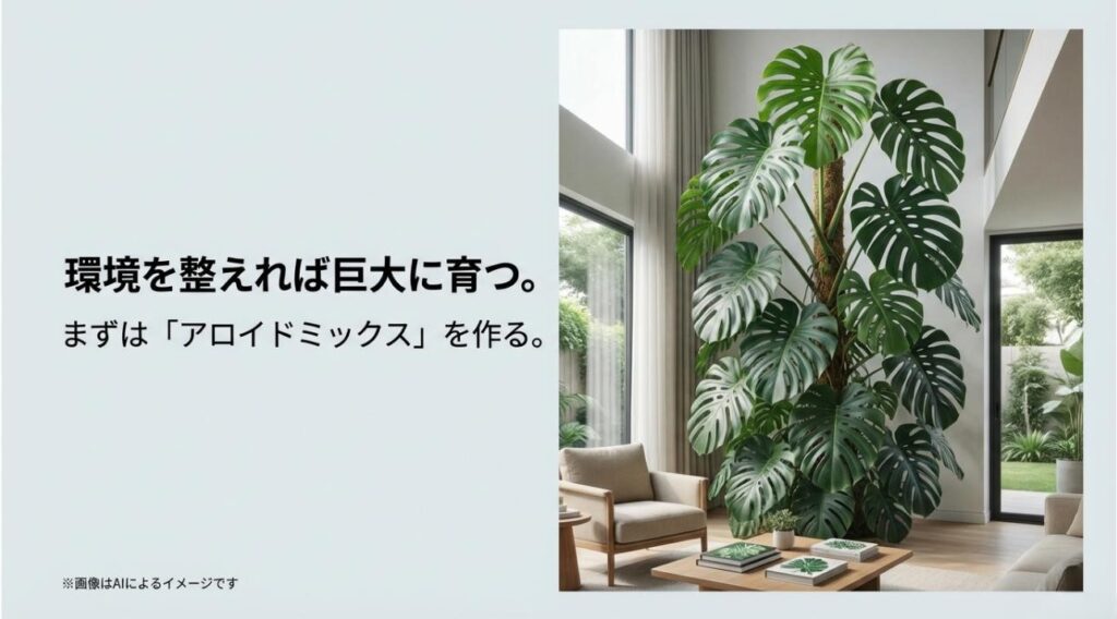 おしゃれなリビングで天井まで届くほど巨大に育ったモンステラ。アロイドミックスの重要性を強調するメッセージ付きのスライド