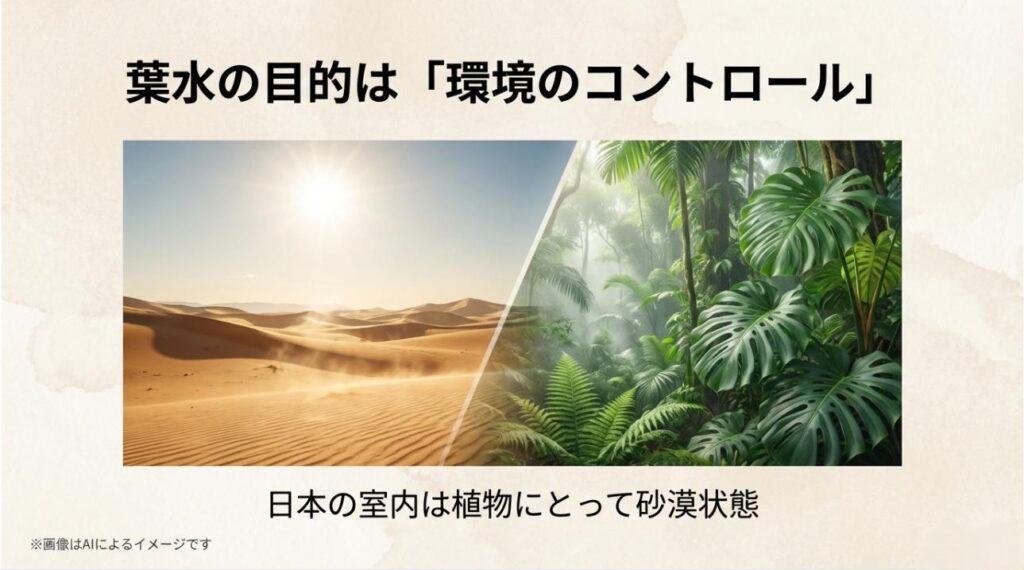 砂漠とジャングルの画像を対比させ、日本の室内が植物にとって乾燥した環境であることを示すイメージ図
