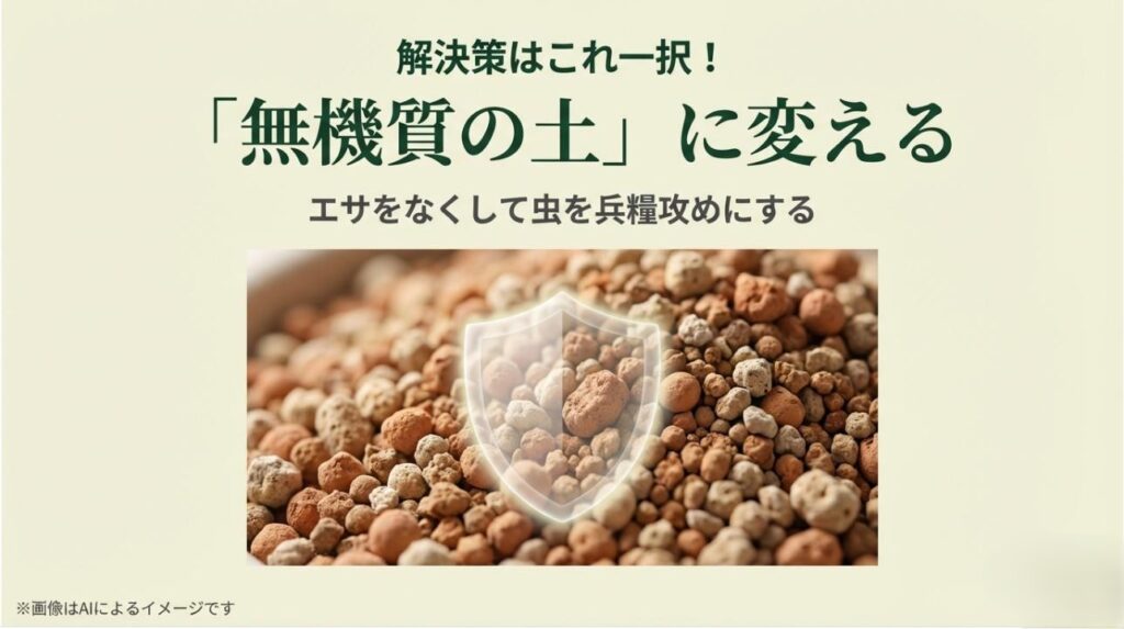硬質の赤玉土などの無機質用土が盾となって虫を防ぐイメージ画像と、エサをなくして虫を兵糧攻めにするという解決策を示したスライド