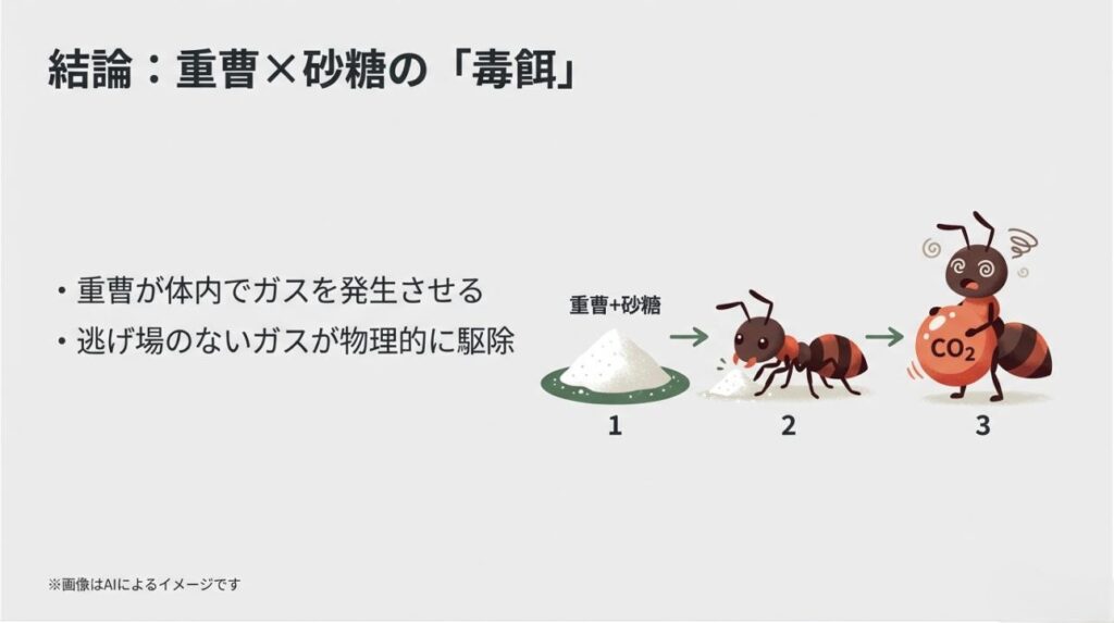 重曹と砂糖を摂取したアリの体内で二酸化炭素ガスが発生し、物理的に駆除されるメカニズムを説明したスライド