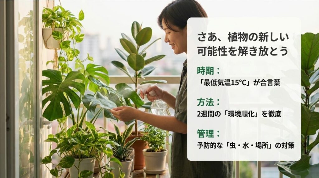 最低気温15℃、2週間の順化、予防的な管理の3ポイントをまとめたインフォグラフィック