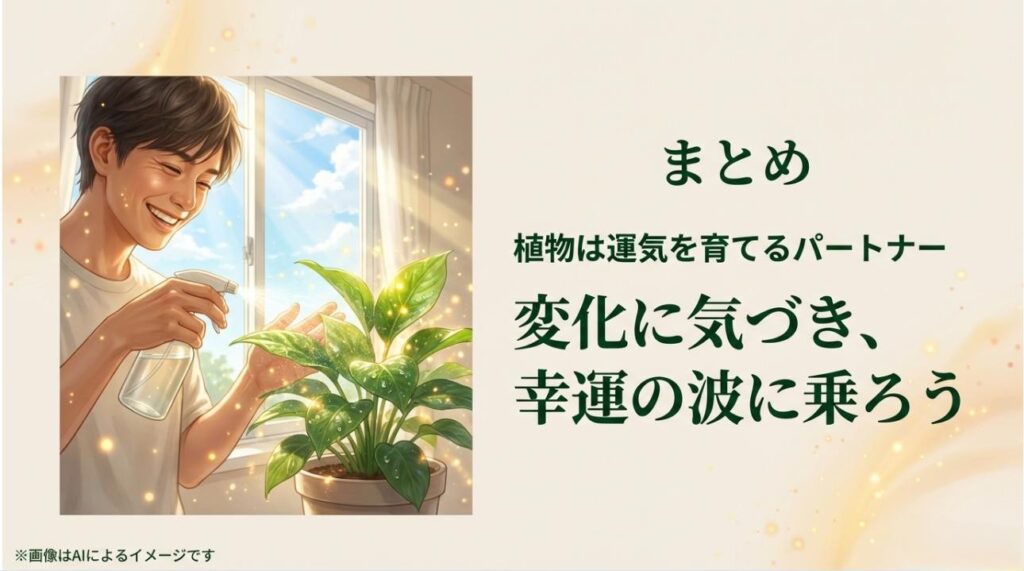 笑顔で植物に霧吹きをする男性と、幸運の波に乗ることを促すまとめのスライド。