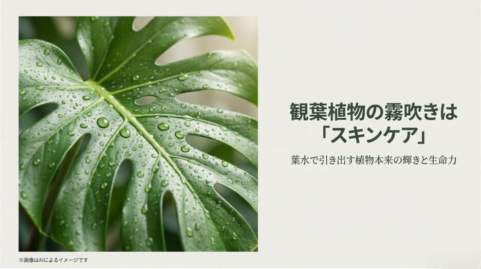 モンステラの大きな葉に水滴が美しく付着しており、霧吹きをスキンケアと表現したタイトルスライド