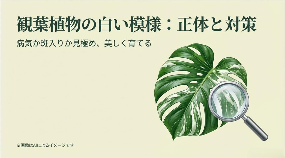 虫眼鏡でモンステラの白い斑入り模様を詳しく観察し、正体を探っているアイキャッチ画像