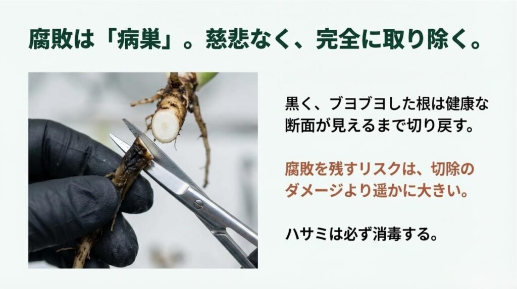 腐って黒くなった根をハサミで切り落とし、健康な白い断面を出して病巣を取り除く処置の様子