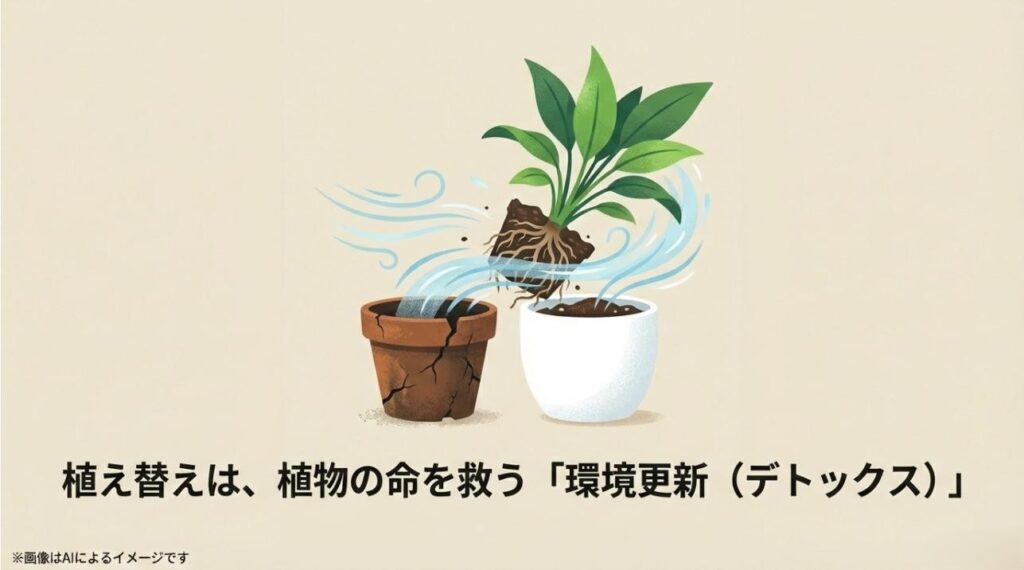 古い鉢から新しい清潔な環境へ植物が移り、水や空気が循環する様子をイメージしたイラスト
