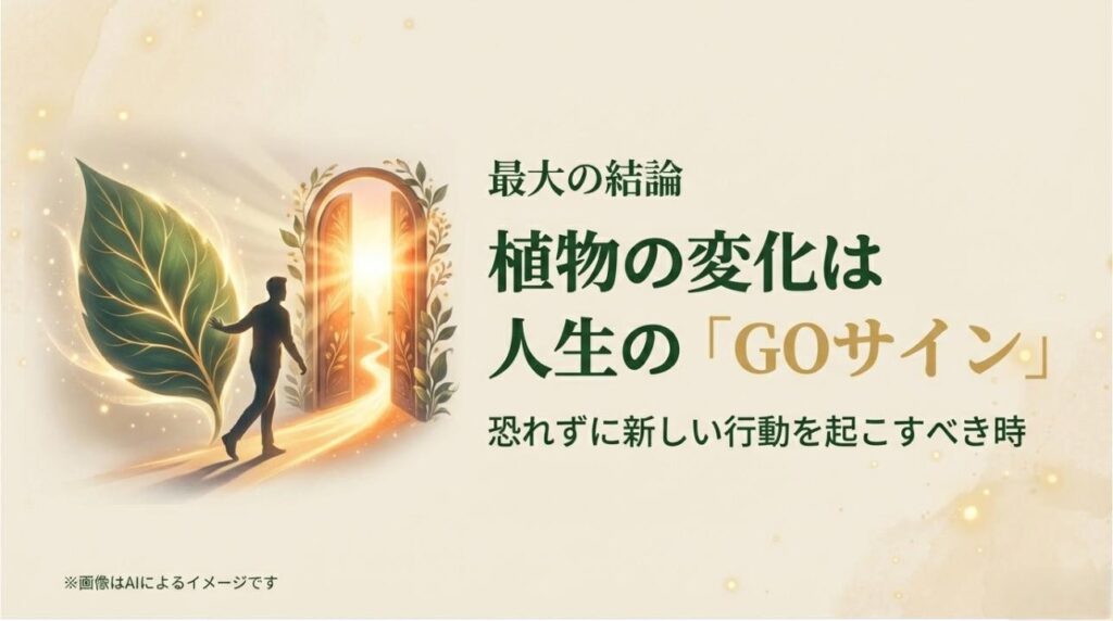 巨大な葉に導かれ、光り輝く扉へと踏み出す人のシルエットと、行動を促すメッセージ。