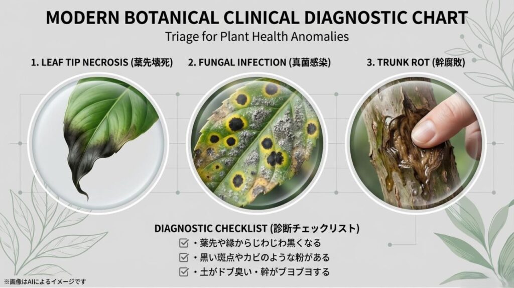 葉先壊死や真菌感染などの症状別トリマージと、ドブ臭い土や幹の状態を確認する診断チェックリストのスライド