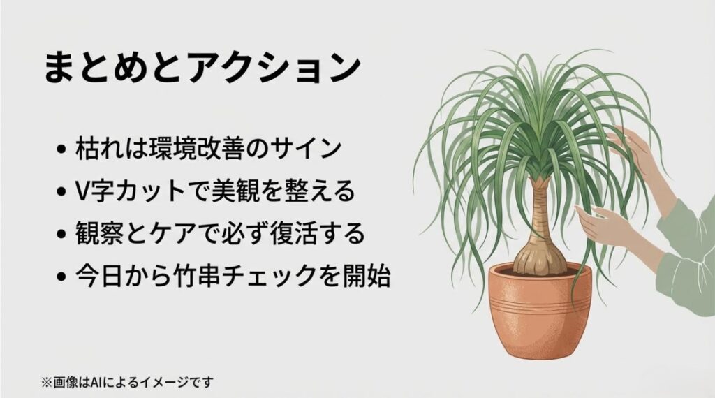 葉先の枯れを環境改善のサインと捉え、適切なケアでポニーテールを復活させるためのアクションまとめ