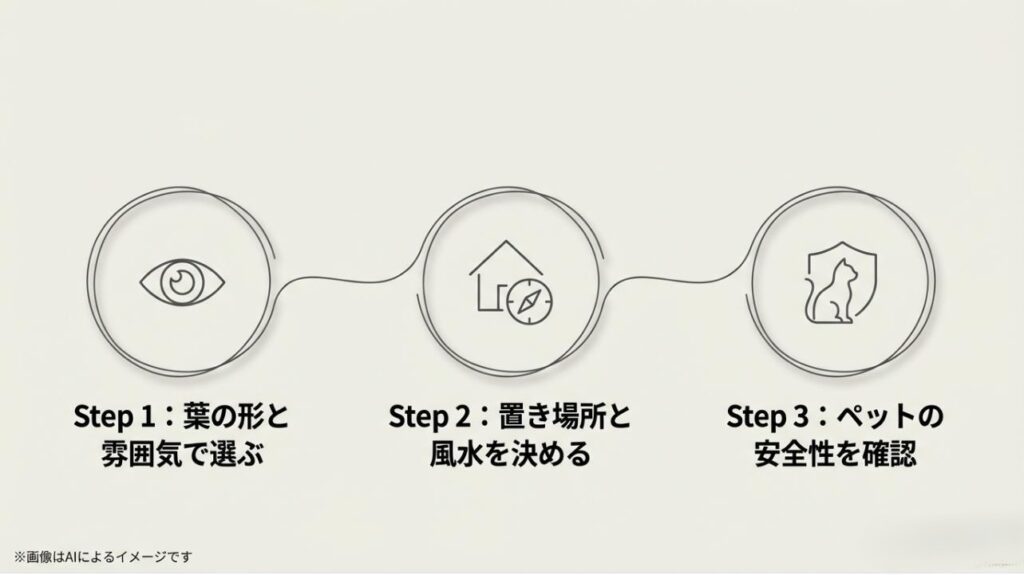 葉の形、風水、ペットの安全性の3段階で自分にぴったりの一鉢を選ぶ手順をまとめたスライド