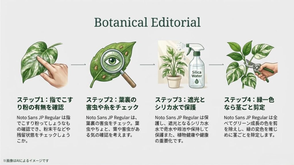 粉の確認、害虫チェック、シリカでの保護、先祖返りへの剪定対応をまとめた実用的なステップガイド