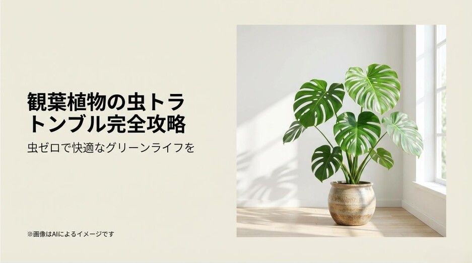 美しいモンステラの鉢植えと共に、虫トラブルを克服して快適なグリーンライフを送るための解決策を提示するアイキャッチ画像