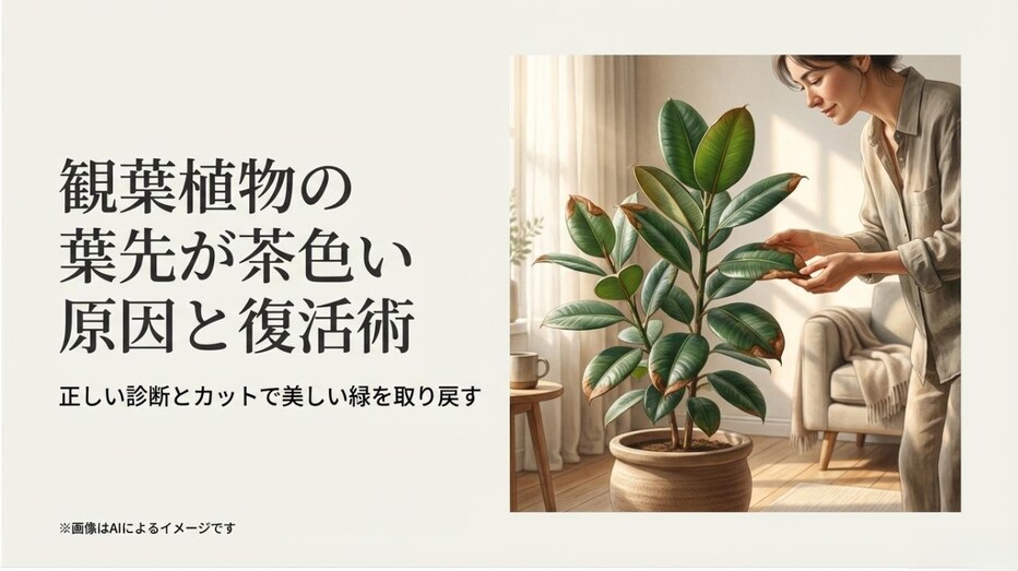 茶色い葉先の観葉植物を優しく見守る女性と、復活術を伝えるタイトルのアイキャッチ画像