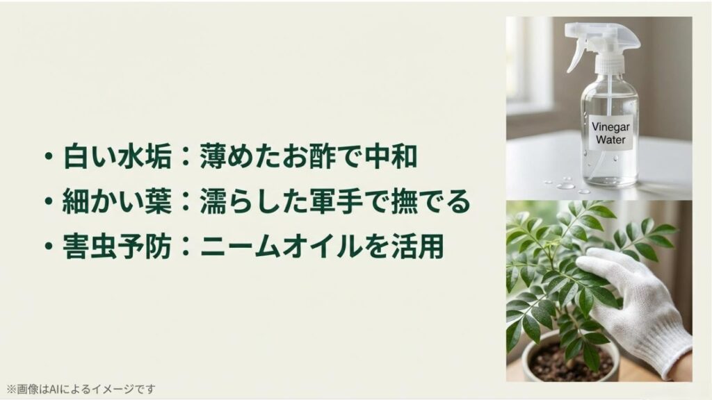 ビネガーウォーター（酢水）のスプレーと、軍手を使って細かい葉を掃除するテクニックの紹介スライド