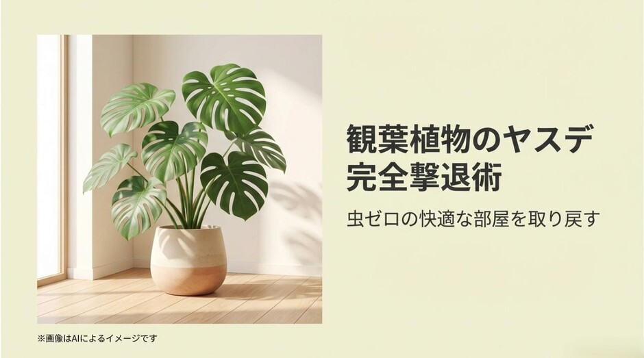 観葉植物の鉢植えの横に「ヤスデ完全撃退術」と書かれたタイトルスライドの画像