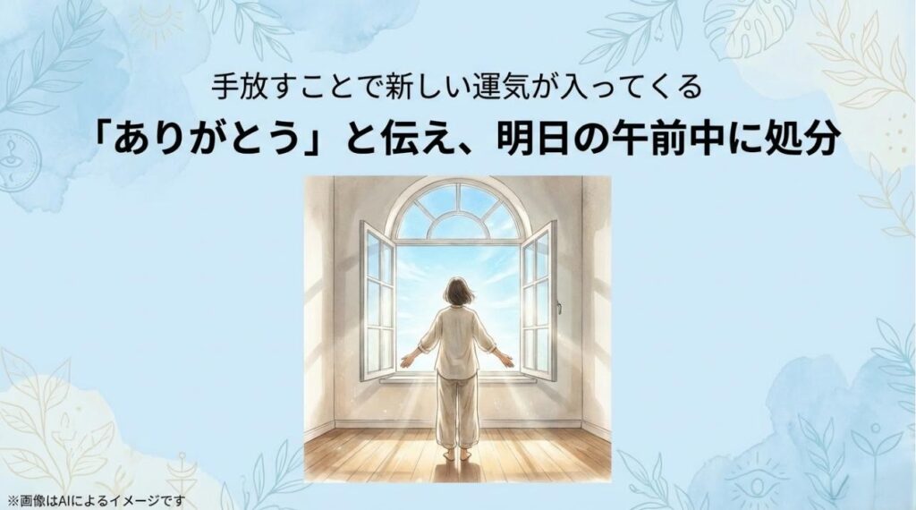 窓を開けて新しい空気を取り入れ、感謝と共に植物を手放した後の晴れやかな心情を表現した画像