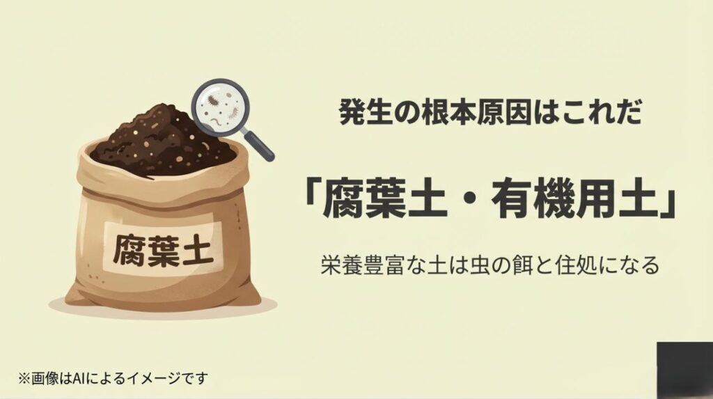 腐葉土の袋と、その中に潜む微生物や虫を虫眼鏡で覗いているイラスト。栄養豊富な土が虫の住処になる説明
