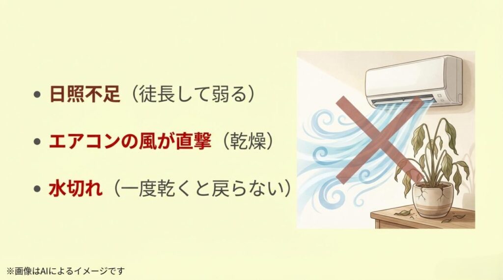 エアコンの直撃風を受けて枯れてしまった植物にバツ印がついた注意喚起イラスト