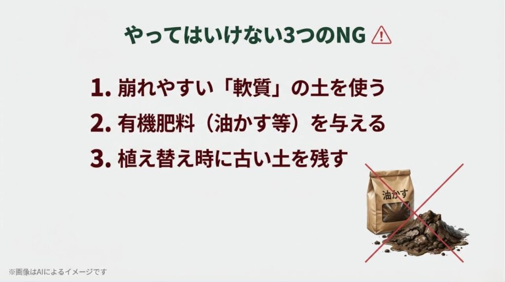 油かすなどの有機肥料に大きなバツ印がついたイラストと、軟質の土の使用や古い土の残存など、虫わきの原因となる3つのNG行動を警告するスライド