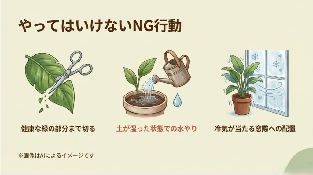 健康な緑の部分を切る、土が湿った状態での水やり、冷気が当たる窓際への配置という、ポニーテール飼育における禁止事項のまとめ