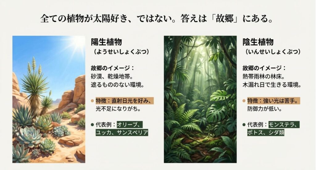 遮るものがない砂漠（陽生植物の故郷）と木漏れ日のジャングル（陰生植物の故郷）を対比させたイラスト解説