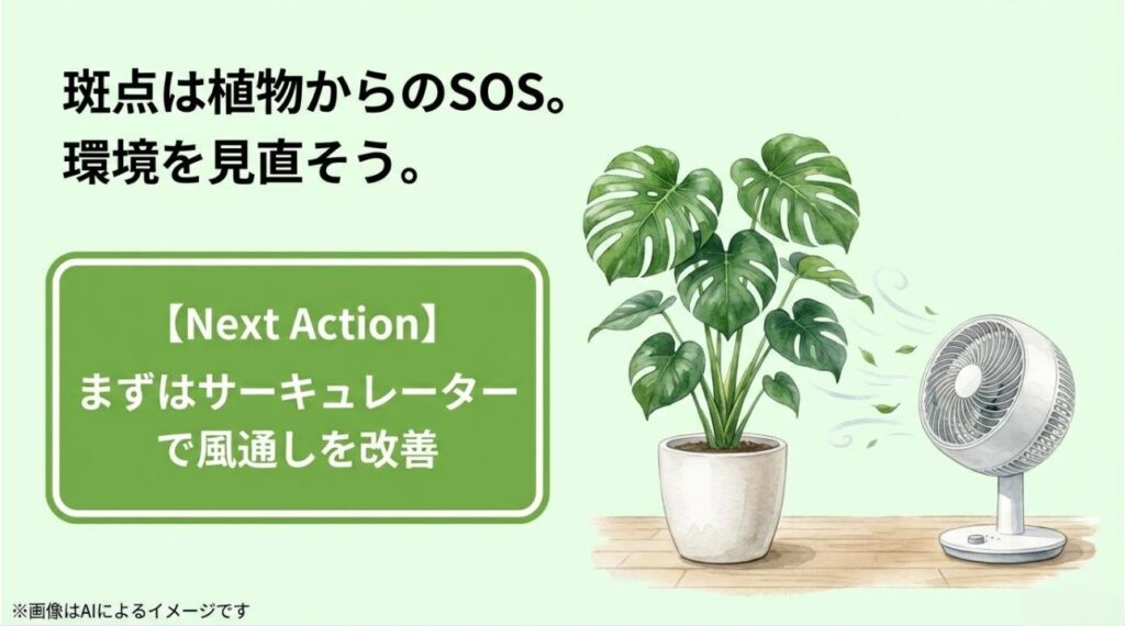 モンステラの横でサーキュレーターが回り、空気の循環を作っている様子。環境改善を促すメッセージ
