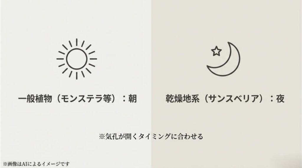 モンステラなどの一般植物は朝、サンスベリアなどの乾燥地系は夜に行うべき理由を太陽と月のアイコンで示したスライド