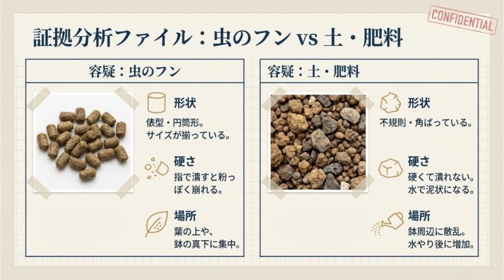 俵型で形が揃っている虫のフンと、不規則で角ばっている土や肥料の粒を拡大して比較したスライド