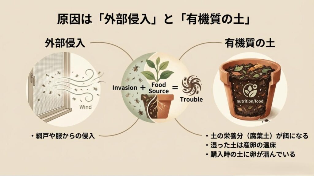 外からの侵入（風・服・購入時）と、土の栄養分（有機質）が虫の繁殖源になる因果関係を説明した図解スライド