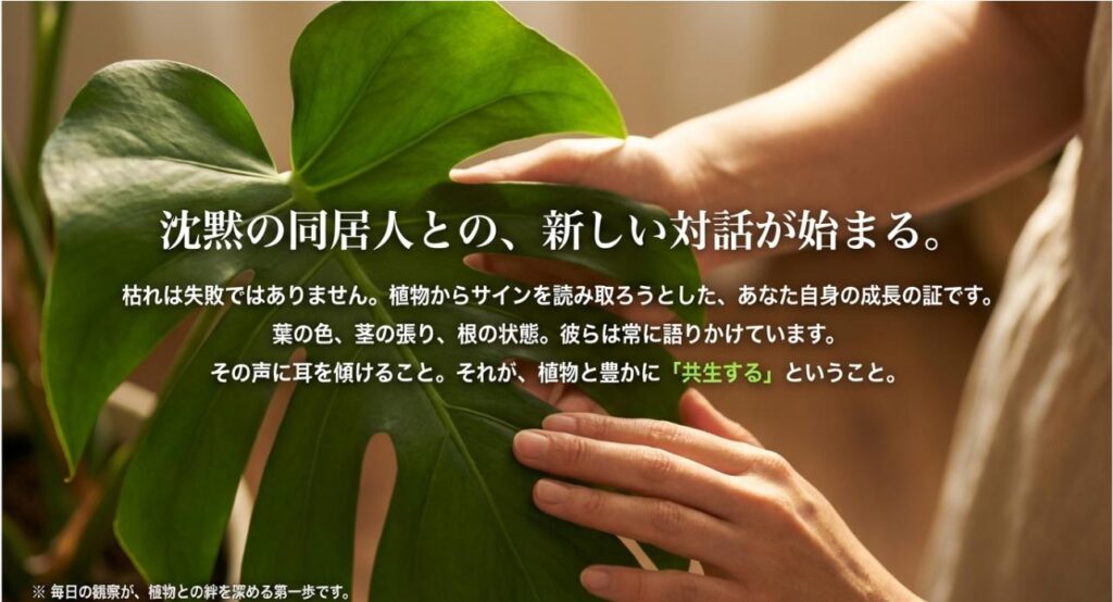 植物の出すサインを読み取り、共生していくことの大切さと、枯れた経験を次の育成に活かすポジティブなメッセージ