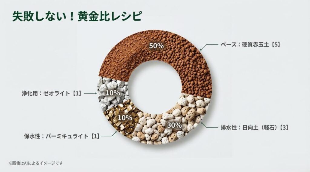 硬質赤玉土50%、日向土30%、バーミキュライト10%、ゼオライト10%の配合割合を視覚的に示した円グラフのスライド