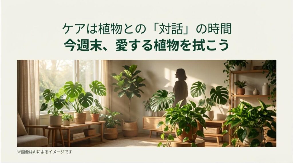 柔らかな光が差し込む部屋で、生き生きとした植物たちに囲まれて暮らすイメージと、今週末のケアを促すメッセージスライド