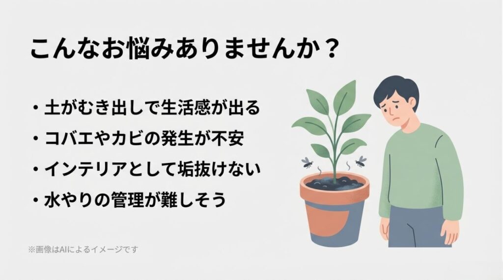 土がむき出しの鉢植えを見て、コバエやカビ、インテリアの野暮ったさに悩む男性のイラスト