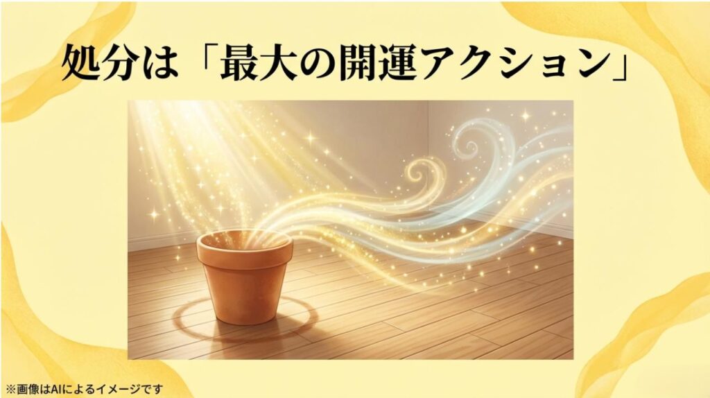 鉢から光が溢れ出し、処分というアクションが新しい運気を呼び込む最大のチャンスであることを示す画像