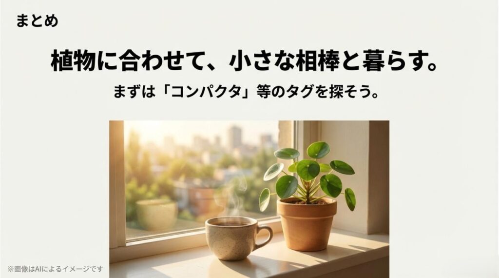 窓辺に置かれたピレアとコーヒーカップの落ち着いた風景に、「植物に合わせて、小さな相棒と暮らす」というメッセージを添えた画像