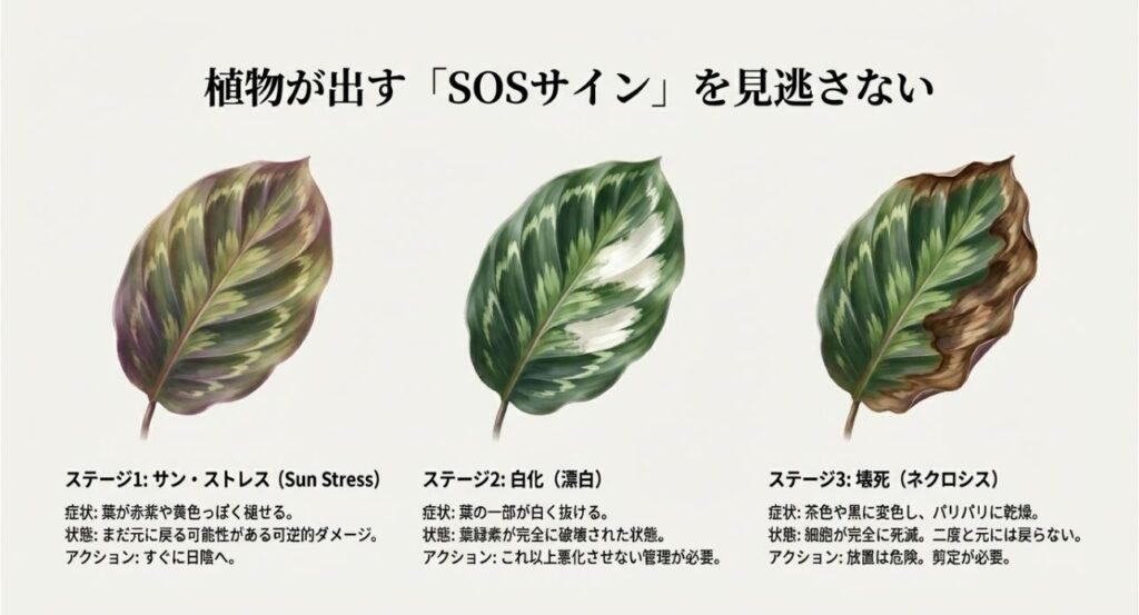 サンストレスによる退色から、白化、そして壊死に至るまでの葉焼けの3段階の症状変化を示したイラスト