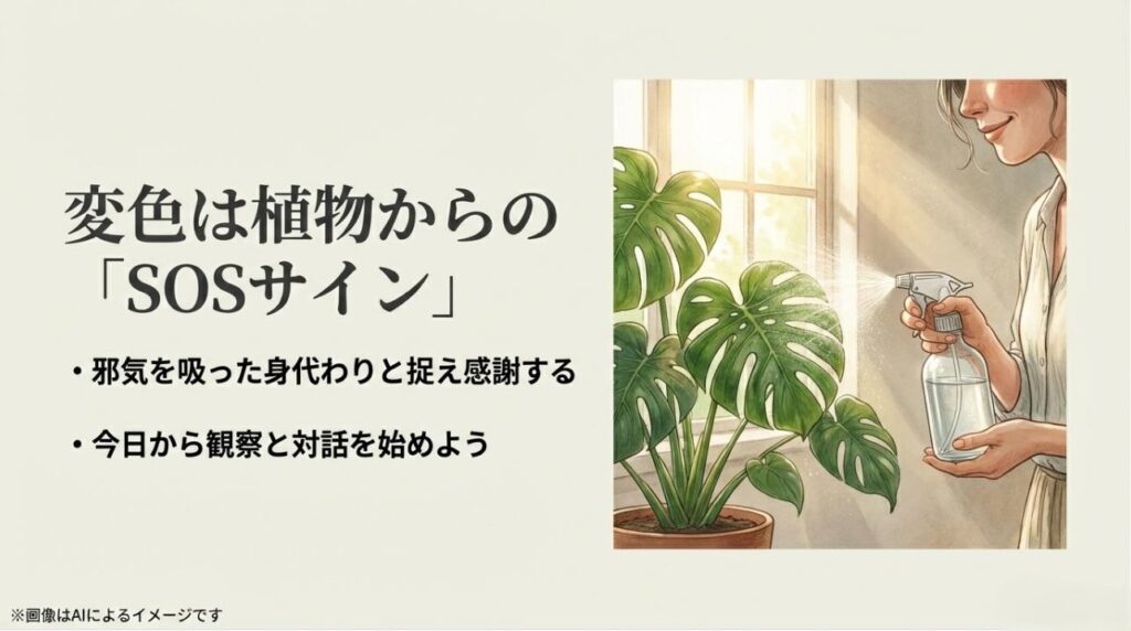 モンステラに霧吹きで葉水を与え、植物からのSOSサインに感謝して今日から観察を始めるイメージ