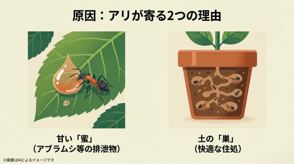 葉の上の蜜をなめるアリと、鉢の土の中に複雑な巣を作っているアリの図解スライド