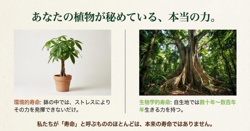パキラの自生地での巨木としての姿と、鉢植えでの姿を対比し、環境的寿命と生物学的寿命の違いを解説した図解