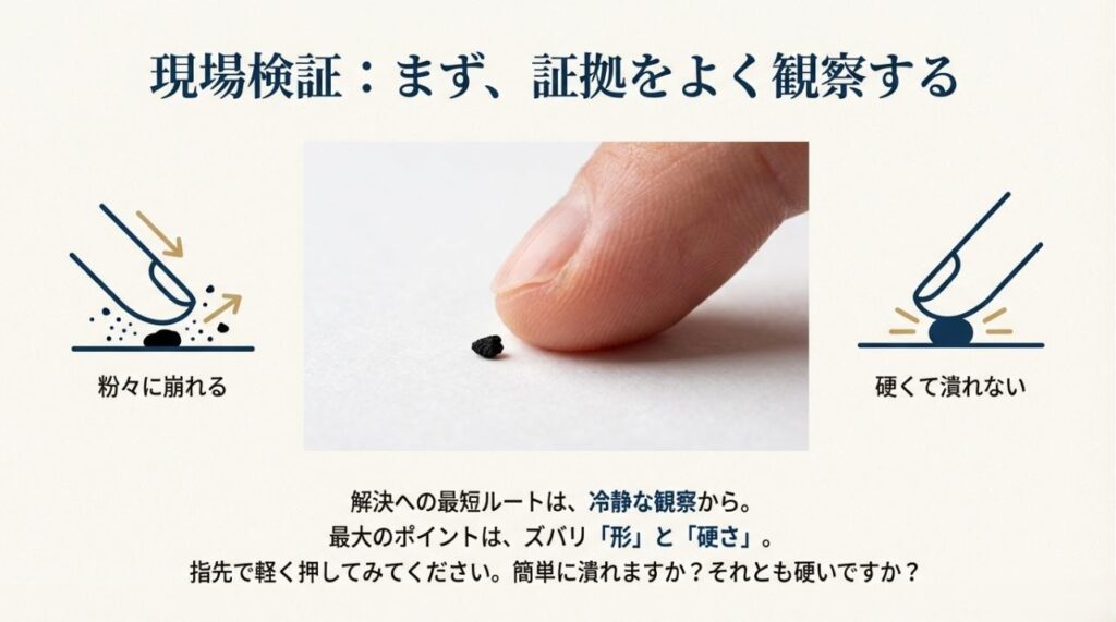 指先で黒い粒を軽く押し、簡単に潰れるか硬いかを確認して虫のフンか土かを判別するイラスト解説