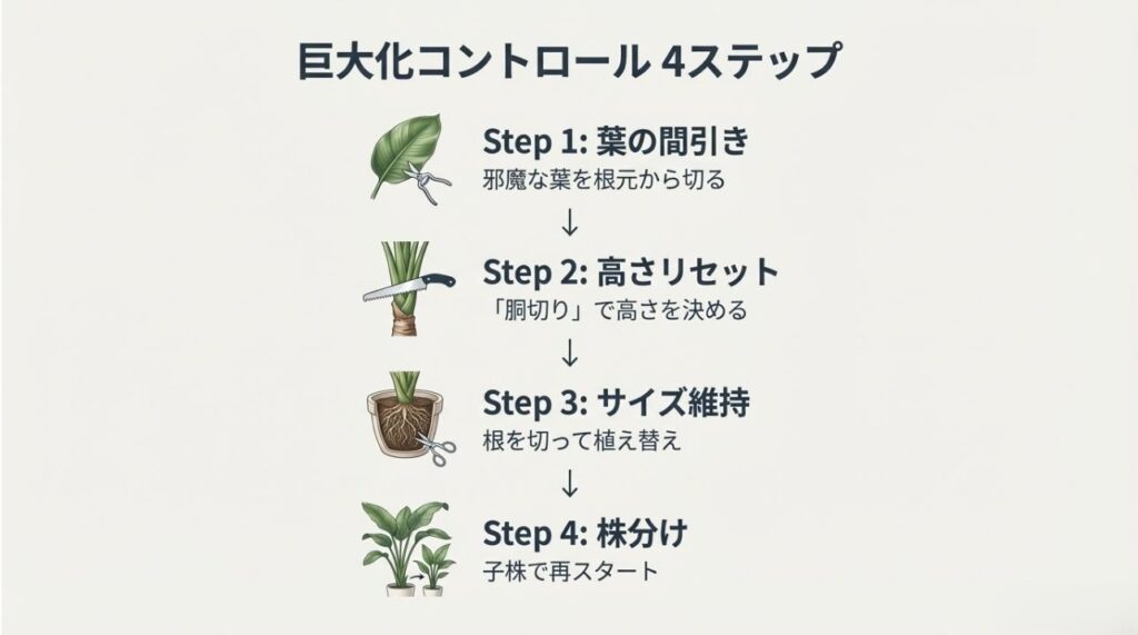 葉の間引き、胴切り、根の整理、株分けという、大きくなったオーガスタを制御する4つの手順を説明した図解