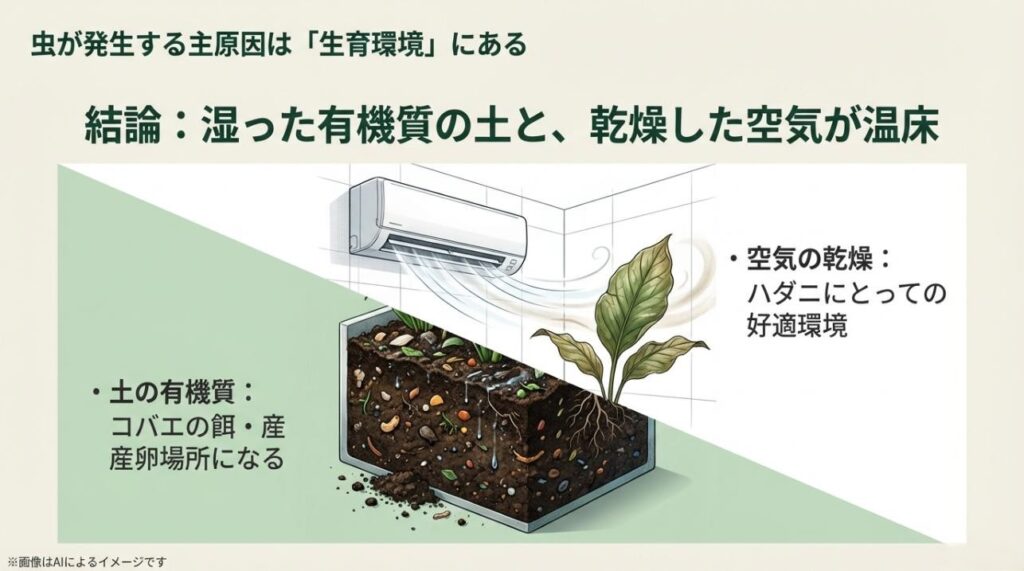 湿った有機質の土に寄るコバエと、エアコンの風で乾燥した葉に寄るハダニの発生環境を示したイラスト