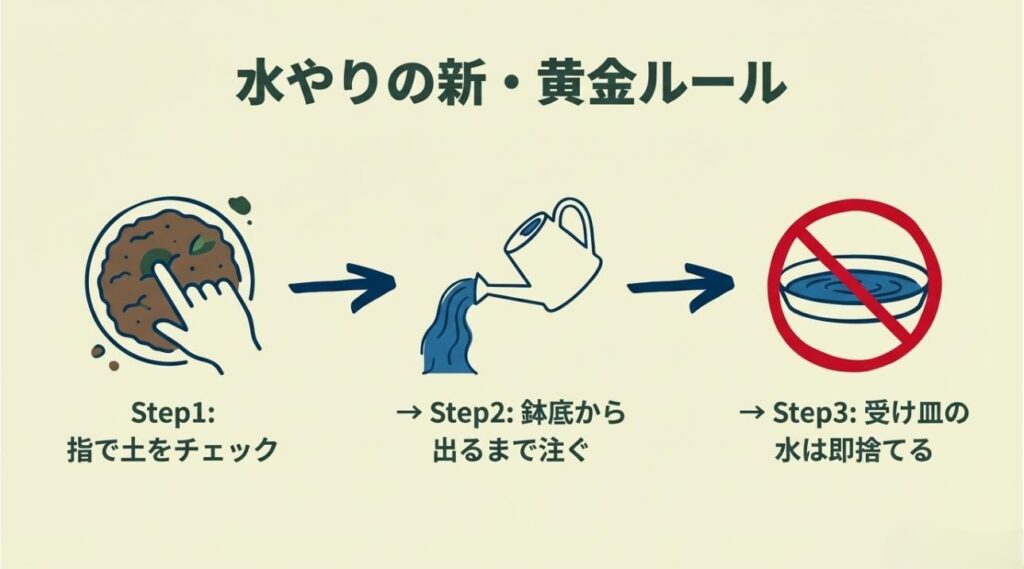 Step1指でチェック、Step2鉢底から出るまで注ぐ、Step3受け皿の水は即捨てるという水やりの黄金ルール
