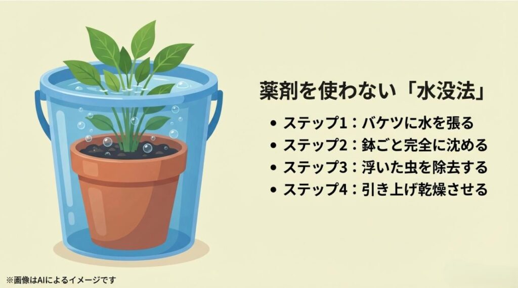 バケツに鉢を沈める手順（準備、沈める、除去、乾燥）をステップごとに解説した図解スライド