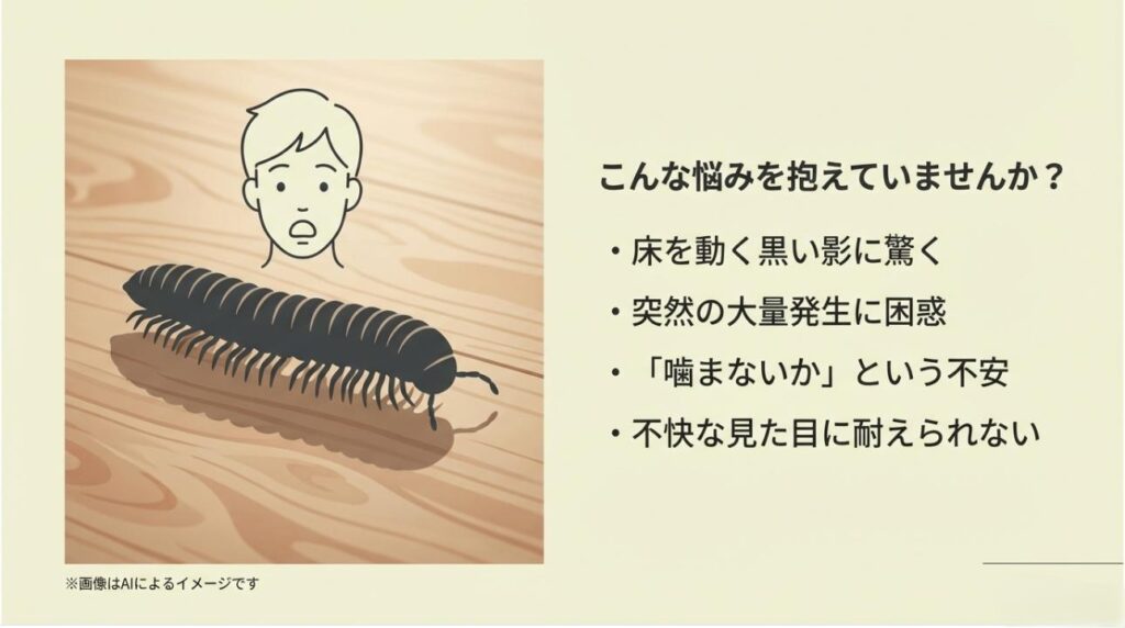 床を動く黒い影に驚く人のイラストと、大量発生や噛まれる不安などの悩みがまとめられたスライド