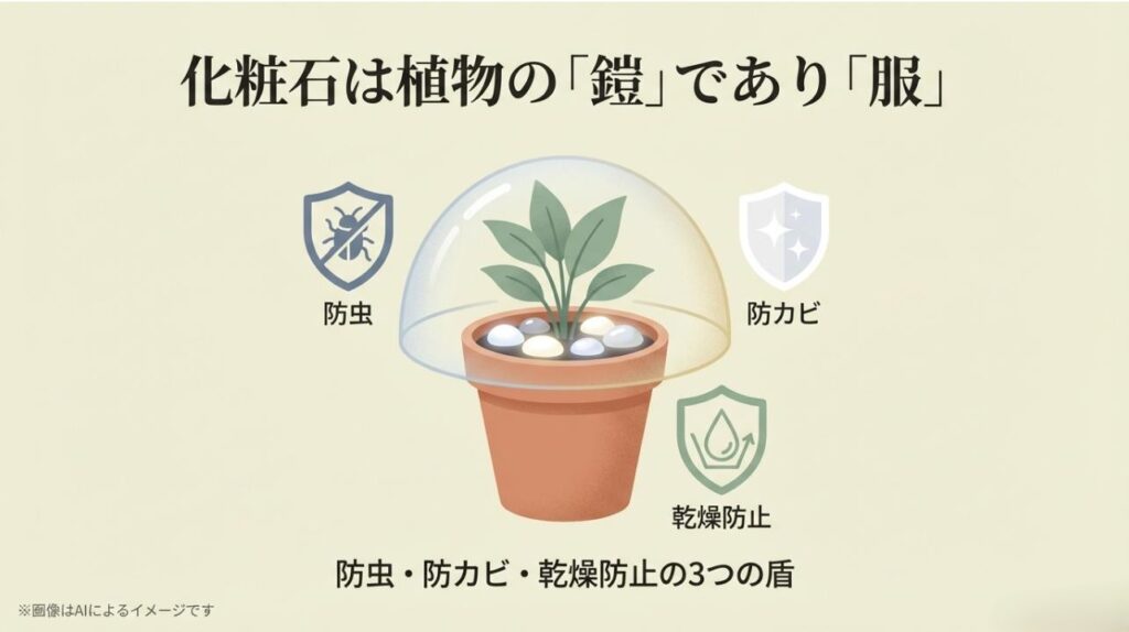 観葉植物をドーム状に守るシールド。防虫、防カビ、乾燥防止の3つのメリットを示す図解