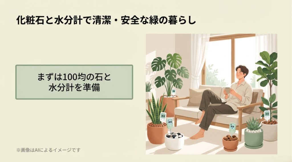 適切に化粧石を敷いた複数の植物に囲まれ、リビングでリラックスしてコーヒーを飲む男性