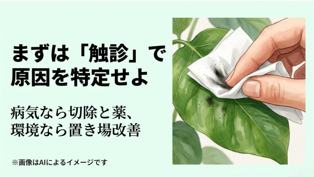 葉の上の黒い汚れを白い布で拭き取っている手のイラスト。病気なら切除、環境なら置き場改善というアクションの提示